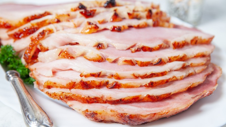 Thin slices of glazed ham