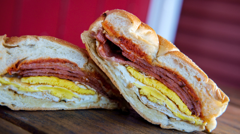 A Taylor ham sandwich with eggs and cheese