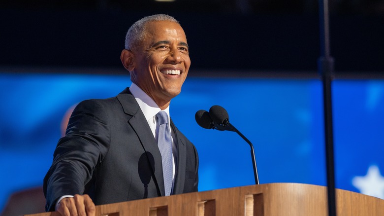 Former President Barack Obama giving a speech