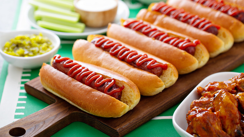 Game day snack spread with hot dogs