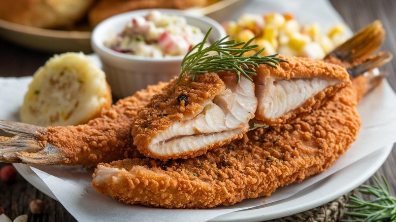 Fried catfish on a plate with corn and cole slaw