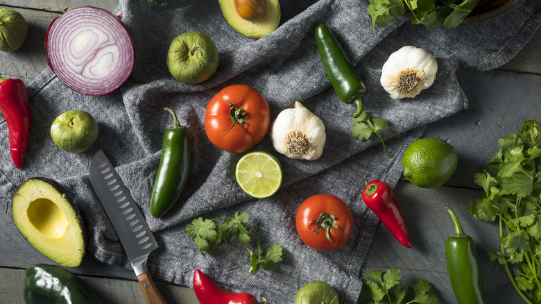 Tomatoes, garlic, onions, cilantro, and peppers on black background