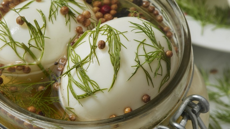 Jar of pickled eggs covered in mustard seeds and dill fronds