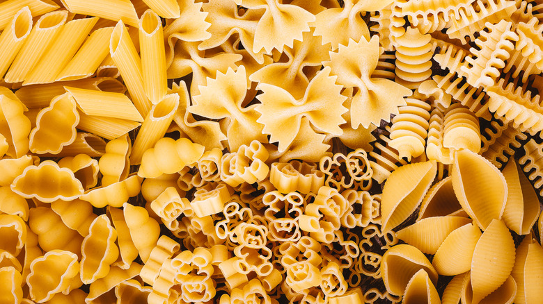 a variety of pasta shapes together