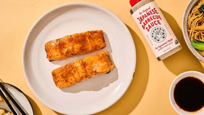 Glazed pieces of salmon on a plate