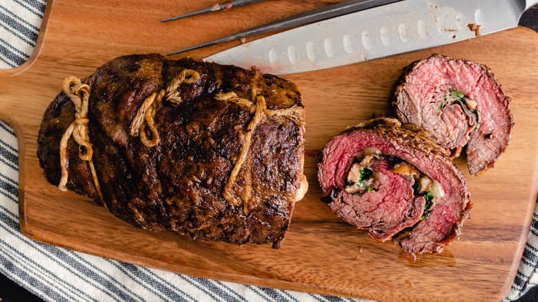 Sliced, stuffed flank steak