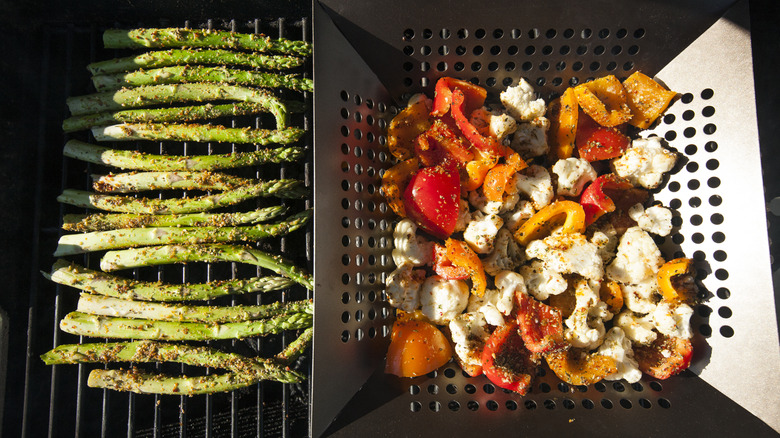 Vegetables on a grill in a grill basket