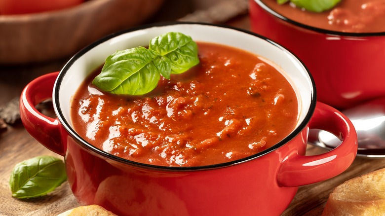 Basil garnish on tomato soup