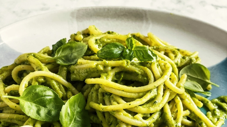 Basil pesto pasta on plate