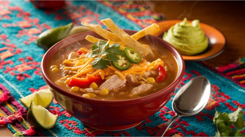 displayed bowl of chicken tortilla soup