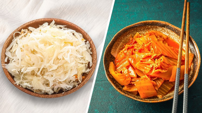 bowls of sauerkraut and kimchi