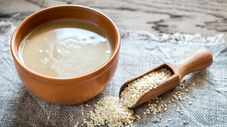 Tahini bowl and sesame seeds