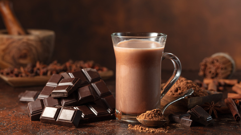 Glass mug of hot chocolate