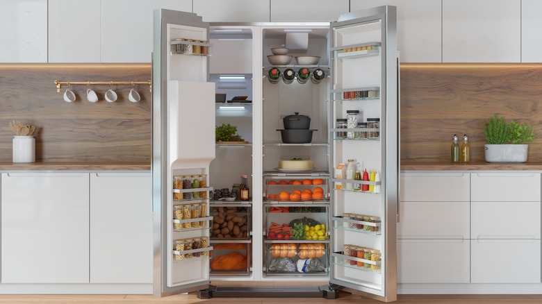Nicely organized refrigerator shelves in a tidy kitchen