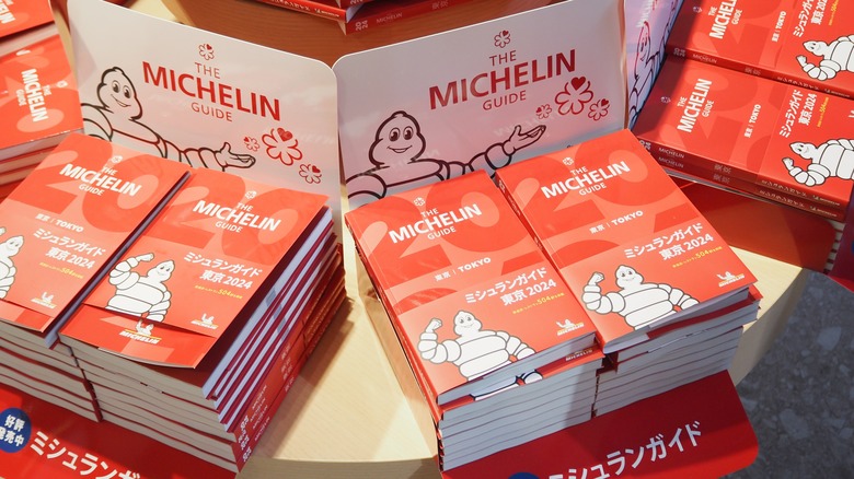 A stack of Japanese language Michelin Guide books