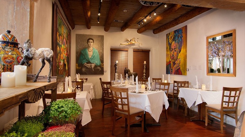 An art-filled restaurant dining room