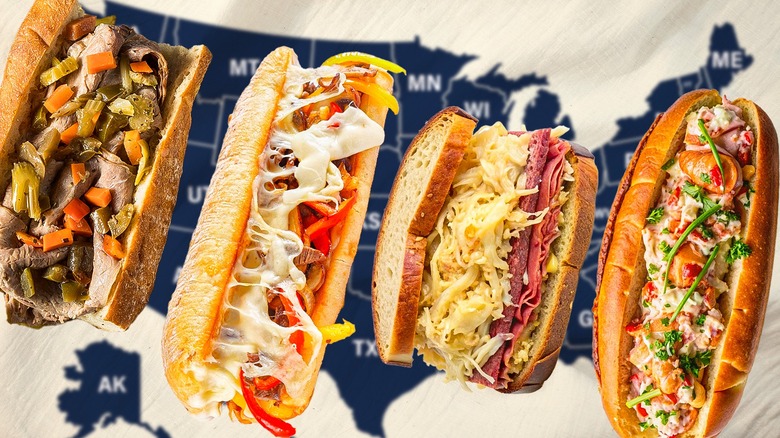 Four sandwiches including Italian beef, cheesesteak, reuben, and lobster roll in front of a map of the U.S., blue with white text