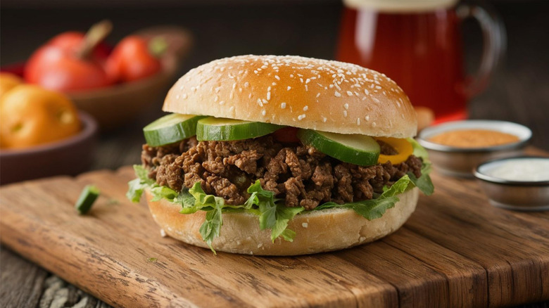 Loose meat sandwich on a sesame seed bun with cucumber slices and lettuce