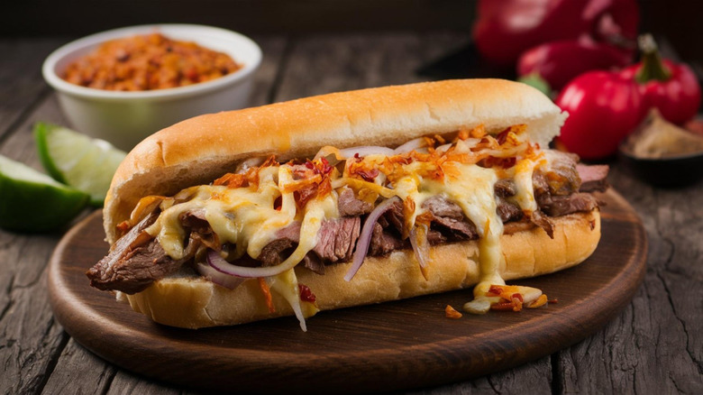 Philly cheesesteak on a wooden plate