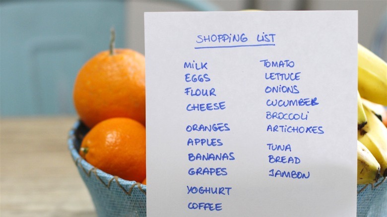 Paper grocery list by fruit bowl