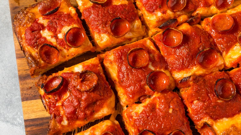 Close-up of Detroit-style pizza