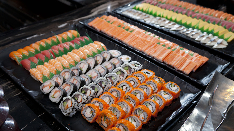 A sushi buffet table