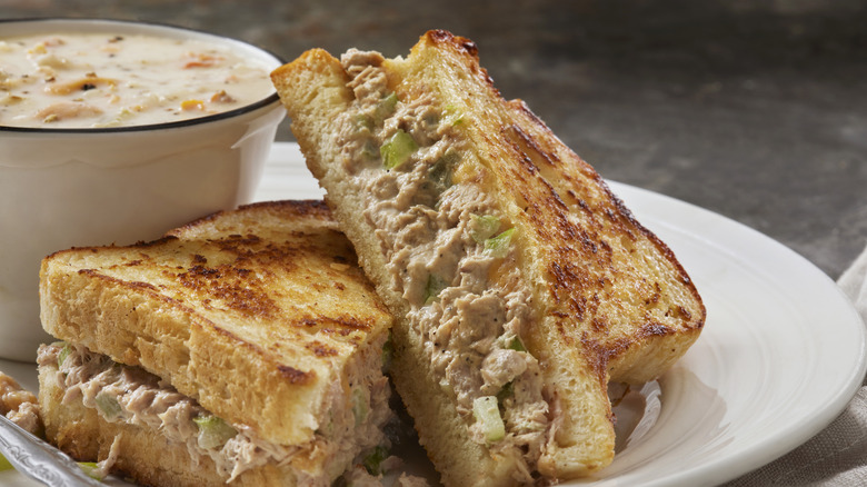 Tuna melt sandwich and a bowl of chowder