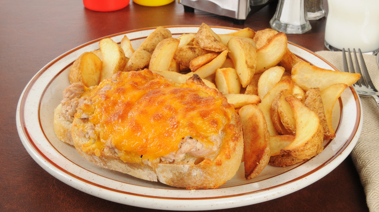 Open face tuna melt at a diner