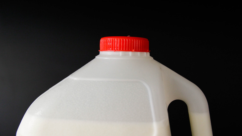 Close-up of top of milk jug on black background