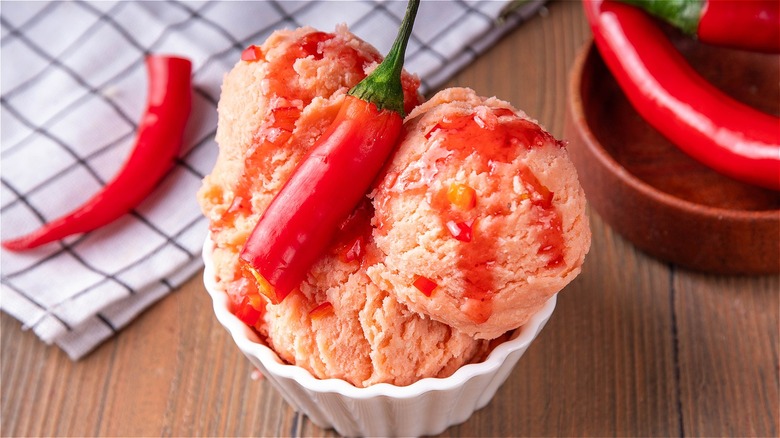 Red ice cream with peppers