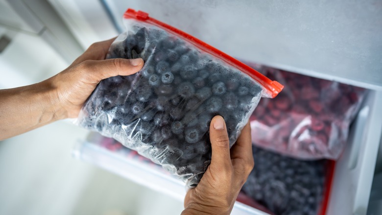 A flat-packed bag of frozen blueberries