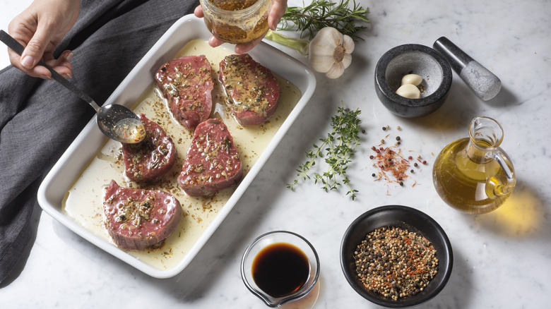 marinating steak in pan