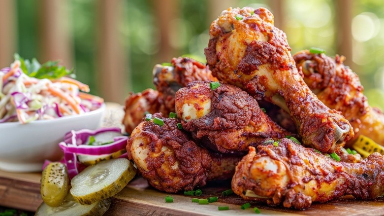 fried chicken, pickles, and coleslaw on a cutting board