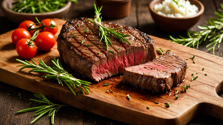 A thick grilled steak on a board with herbs and tomatoes