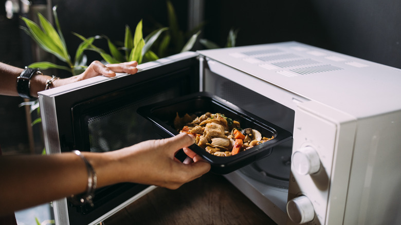 Hand putting food in microwave