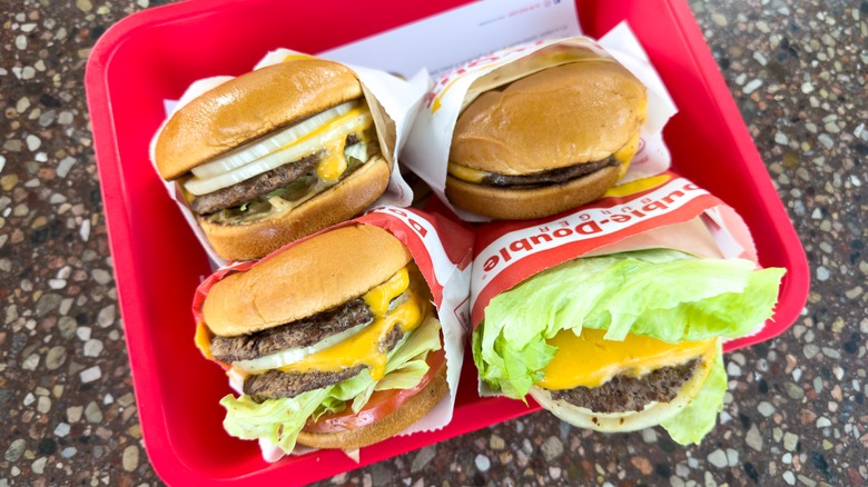 In-N-Out burgers on a red tray