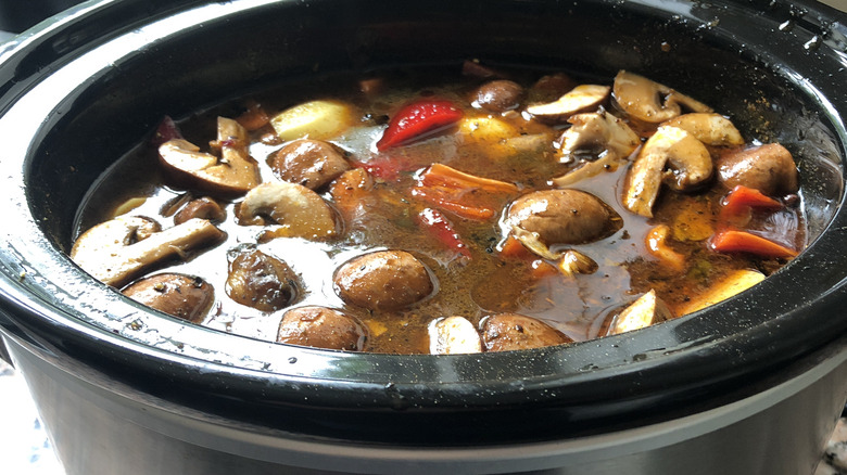 Slow cooker stew in pot