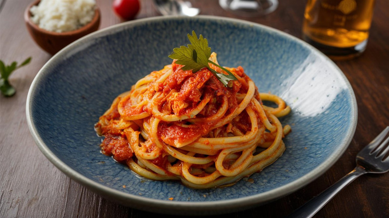 Bucatini alla Amatriciana in a bowl