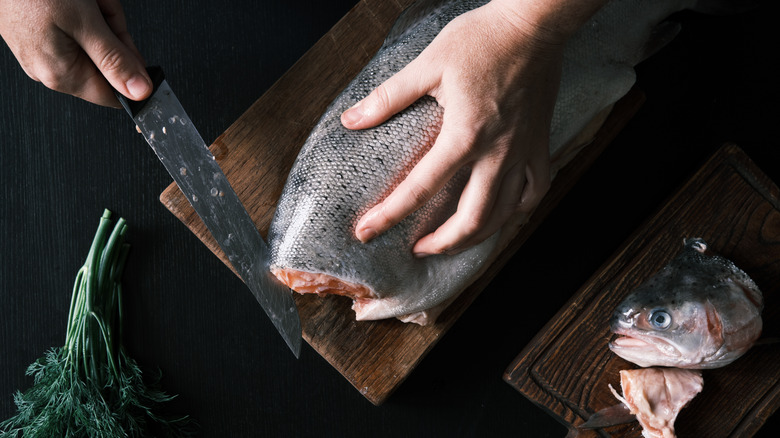 Person cleaning fish close-up overhead