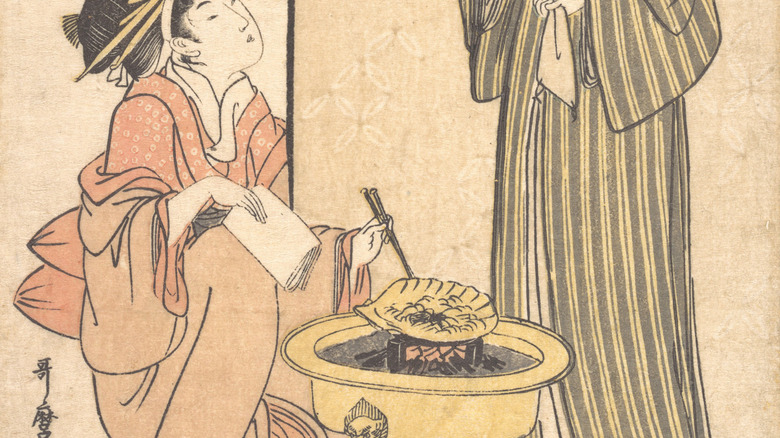 drawing of woman cooking on hibachi