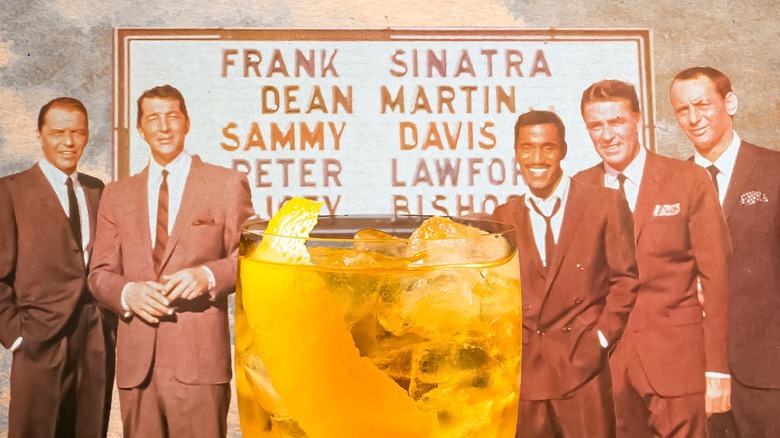 Composite image of the Rat Pack with a Rusty Nail cocktail