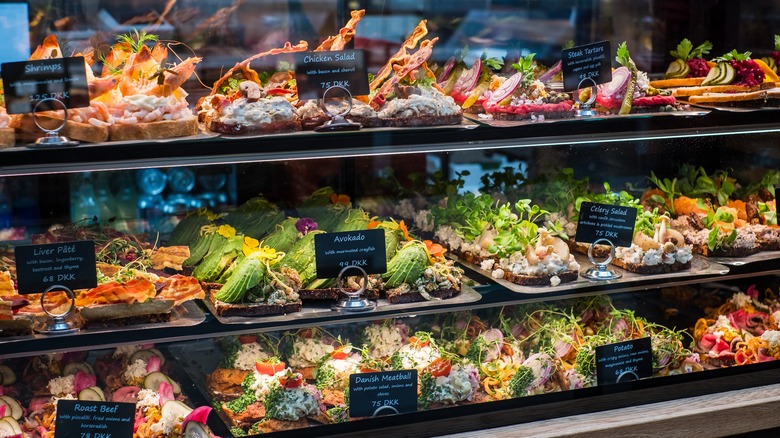 Display case of Danish smørrebrød