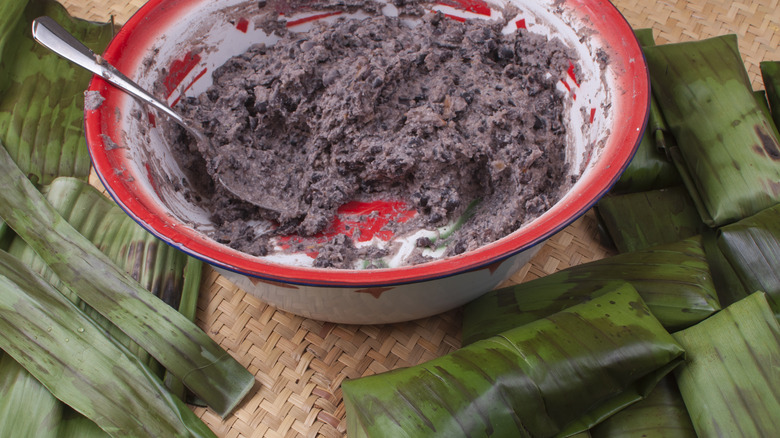 bowl of black bean masa mix for tamales