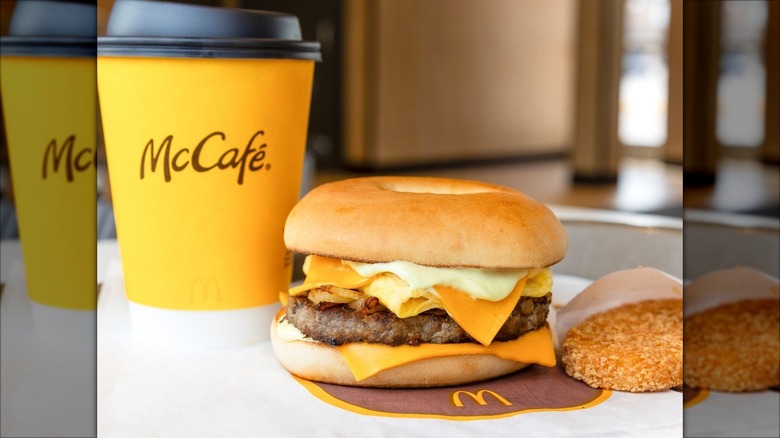 Fast food bagel sandwich and hashbrown