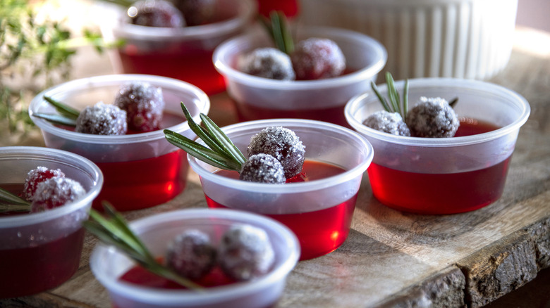 Jell-O shots garnished with sugared fruit and rosemary