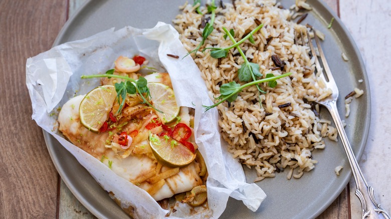 Hake filet cooked in paper