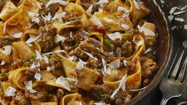 A pan of bolognese pasta