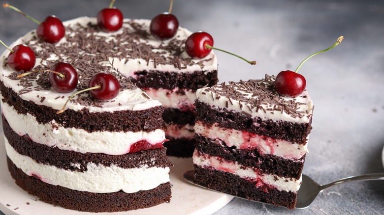 Sliced view of black forest cake