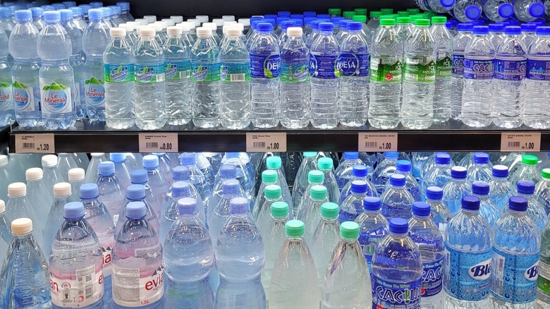 Rows of bottled water at the grocery store