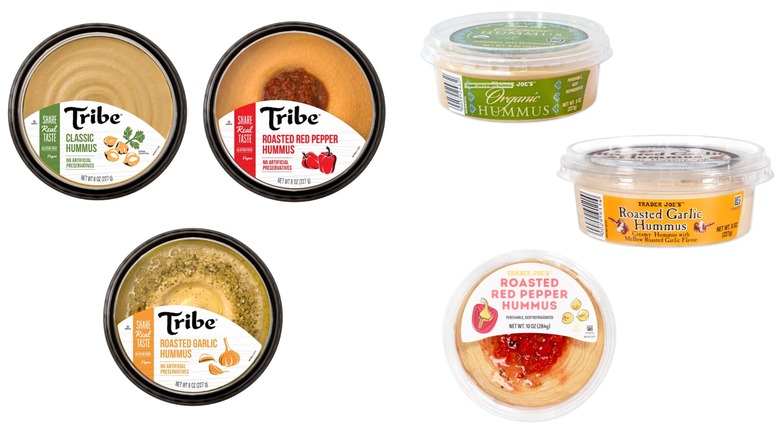 Packages of Tribe hummus on left. Packages of Trader Joe's hummus on right. 